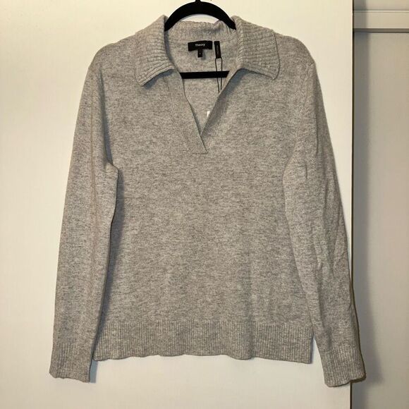 Theory Womens 100% Cashmere Gray Slouchy Polo Sweater Large NWT - Picture 1 of 11